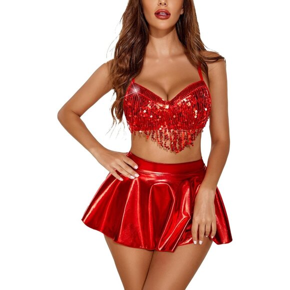 Rave Outfits for Women Sequin Fringe Cosplay Lingerie with Metallic Skirt 3pack - Picture 1 of 8